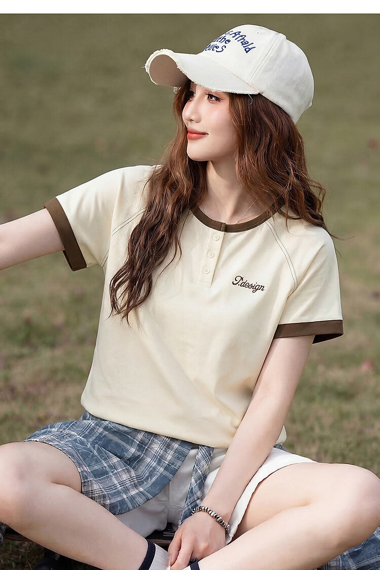 TonLion 2026 Summer Women's Colorblock Mid-Length Short Sleeve T-Shirt Navy Blue L 14