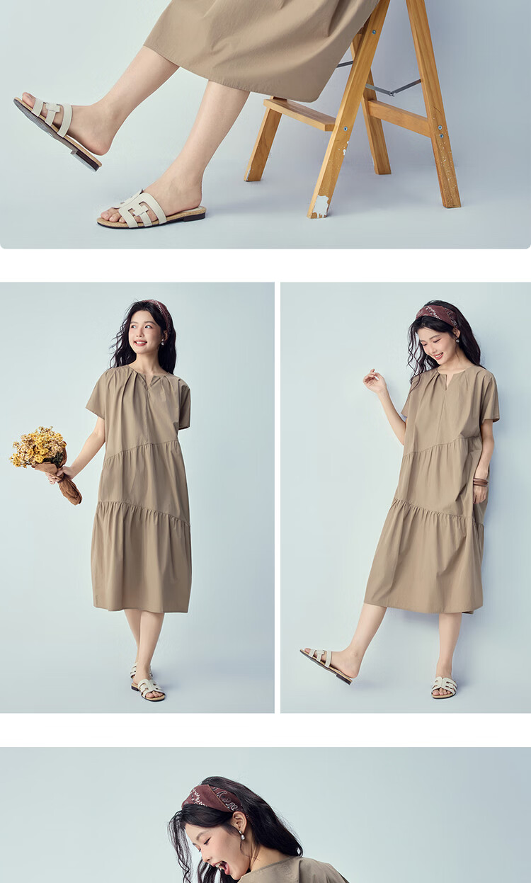 Giordano Women's Summer New Pure Cotton Pleated Ruffled Cake Dress V-Neck Short Sleeve Dress 05466077 15