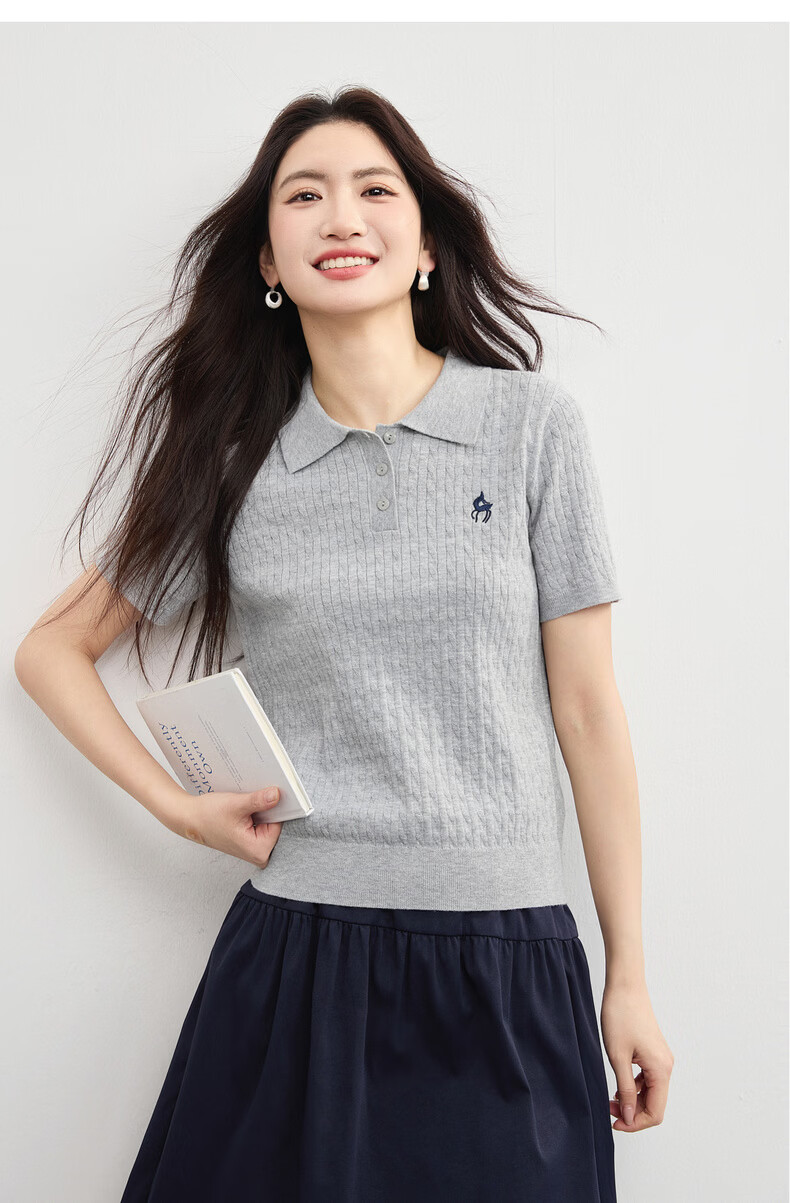 Sllsky College Style Polo Collar Cable Knit Short Sleeve Sweater Women Spring Summer New Wool Embroidered Top 18