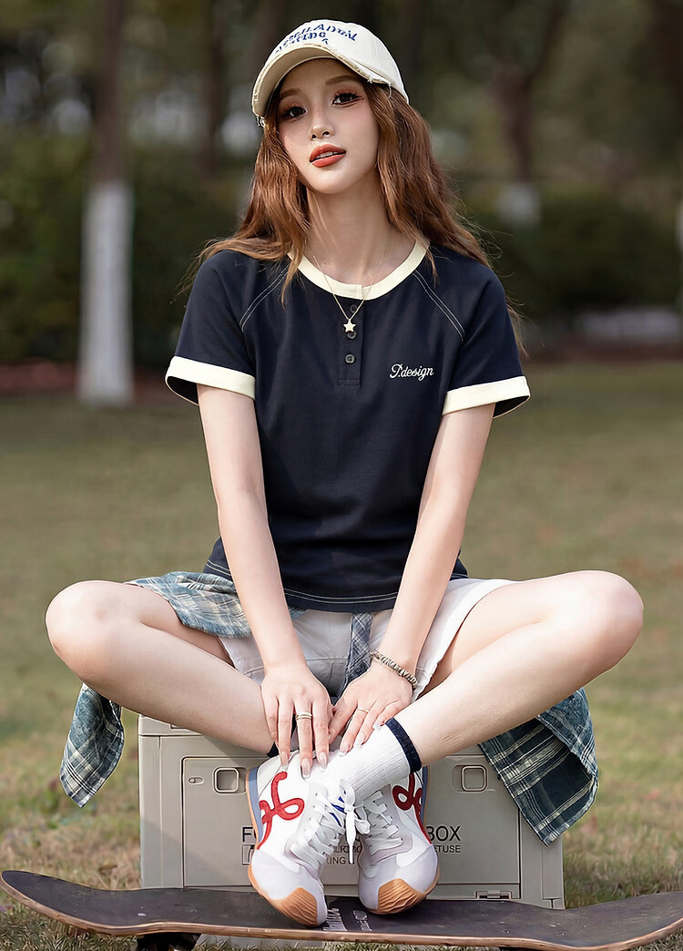 TonLion 2026 Summer Women's Colorblock Mid-Length Short Sleeve T-Shirt Navy Blue L 2