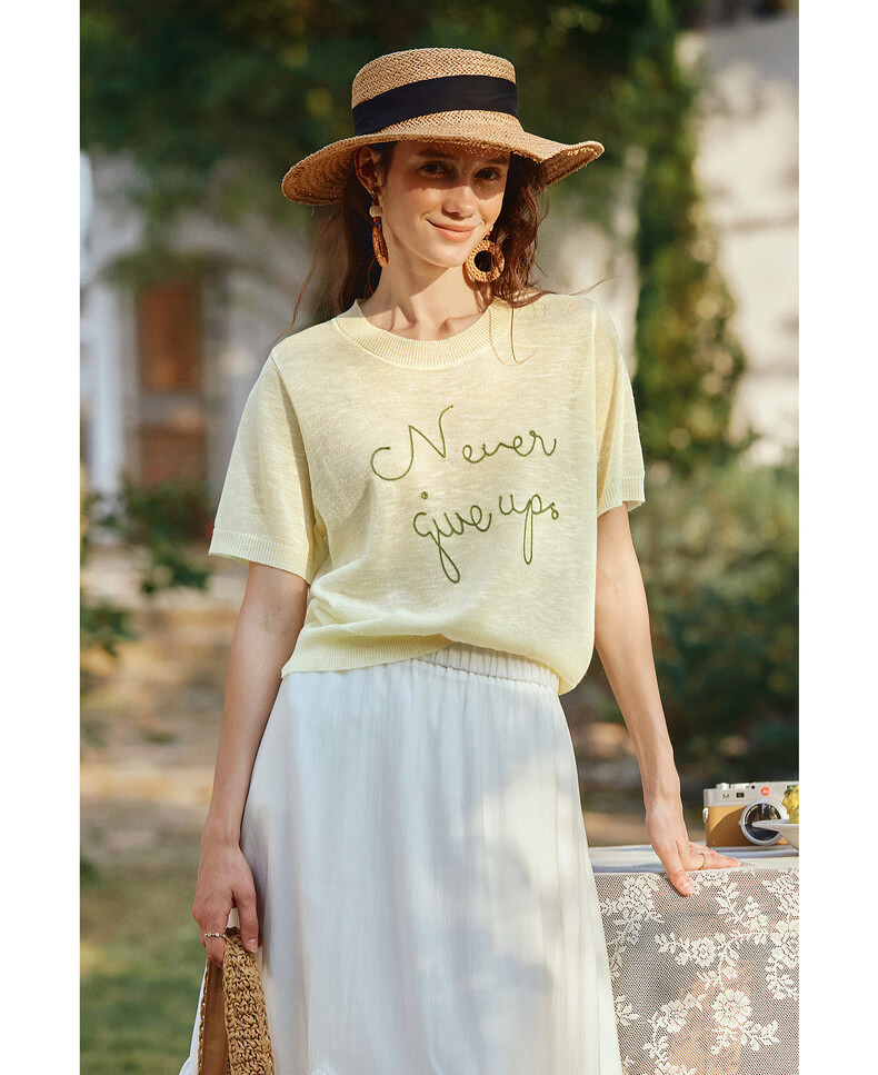 Olrain Eurielle Summer New Women's Lazy Bamboo Slub Yarn Knit Loose Versatile Thin Pullover Light Yellow M 13