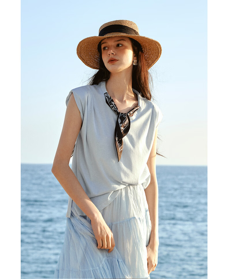 Olrain Eurier Scarf Collar Short Sleeve T-Shirt Women Summer New Casual Simple Commuter Knit Top Blue S 22