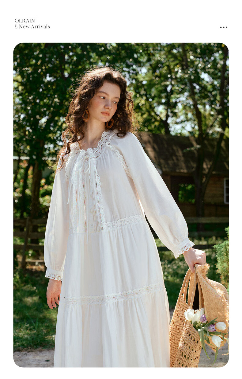 Olrain French Embroidered Hollow Lace Collar Long Sleeve Dress Women Spring Loose Elegant Long Dress White S 9