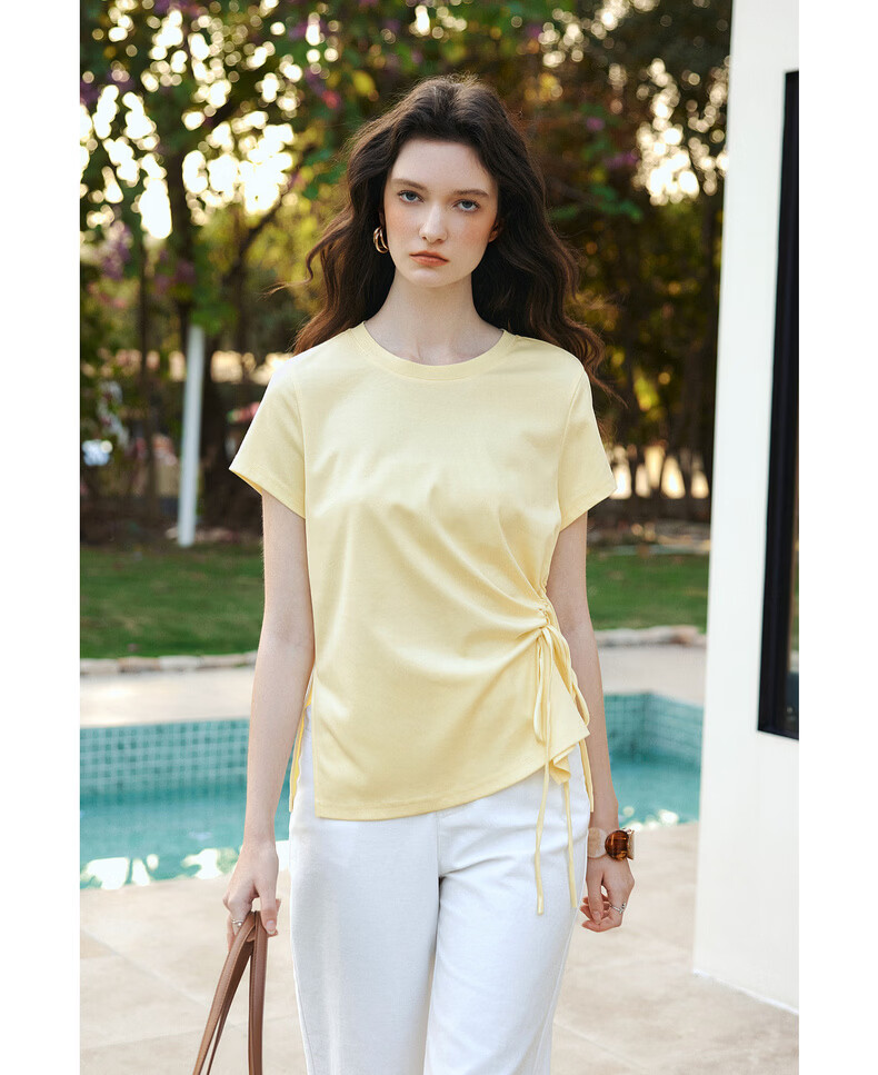 Olrain European Style Summer New French Drawstring Waist Slim Fit Short Sleeve T-Shirt Women Solid Color Versatile Top Yellow L 13