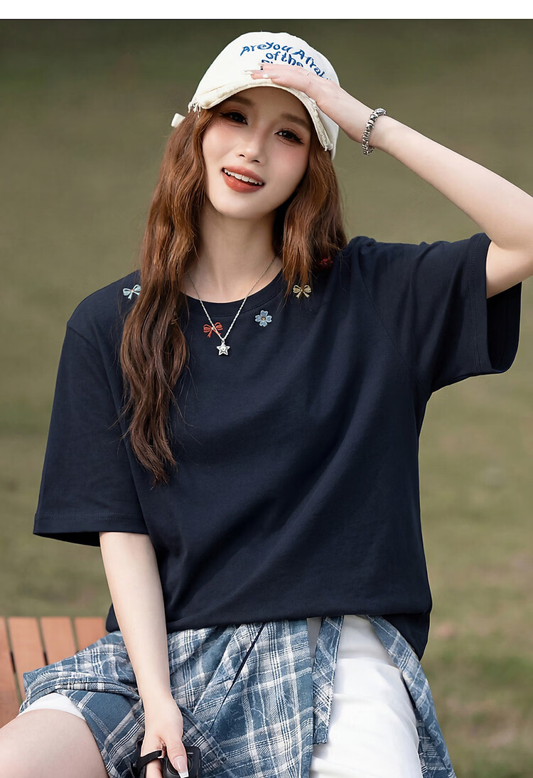 TonLion 2026 Summer New Women's Short Sleeve T-Shirt Round Neck Navy Blue Pure Cotton Unique Design Shoulder Top Trend 6