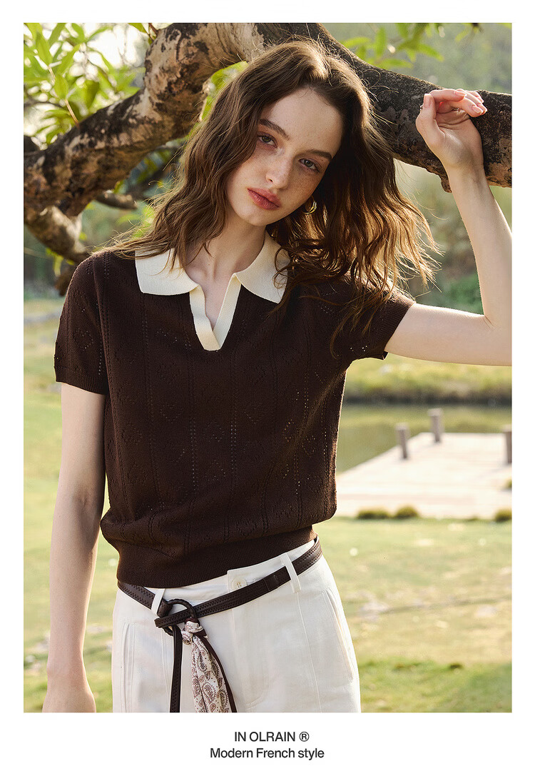 Olrain Colorblock Polo Collar Knit Pullover Women's Summer New Simple Commuter Top Brown M 20