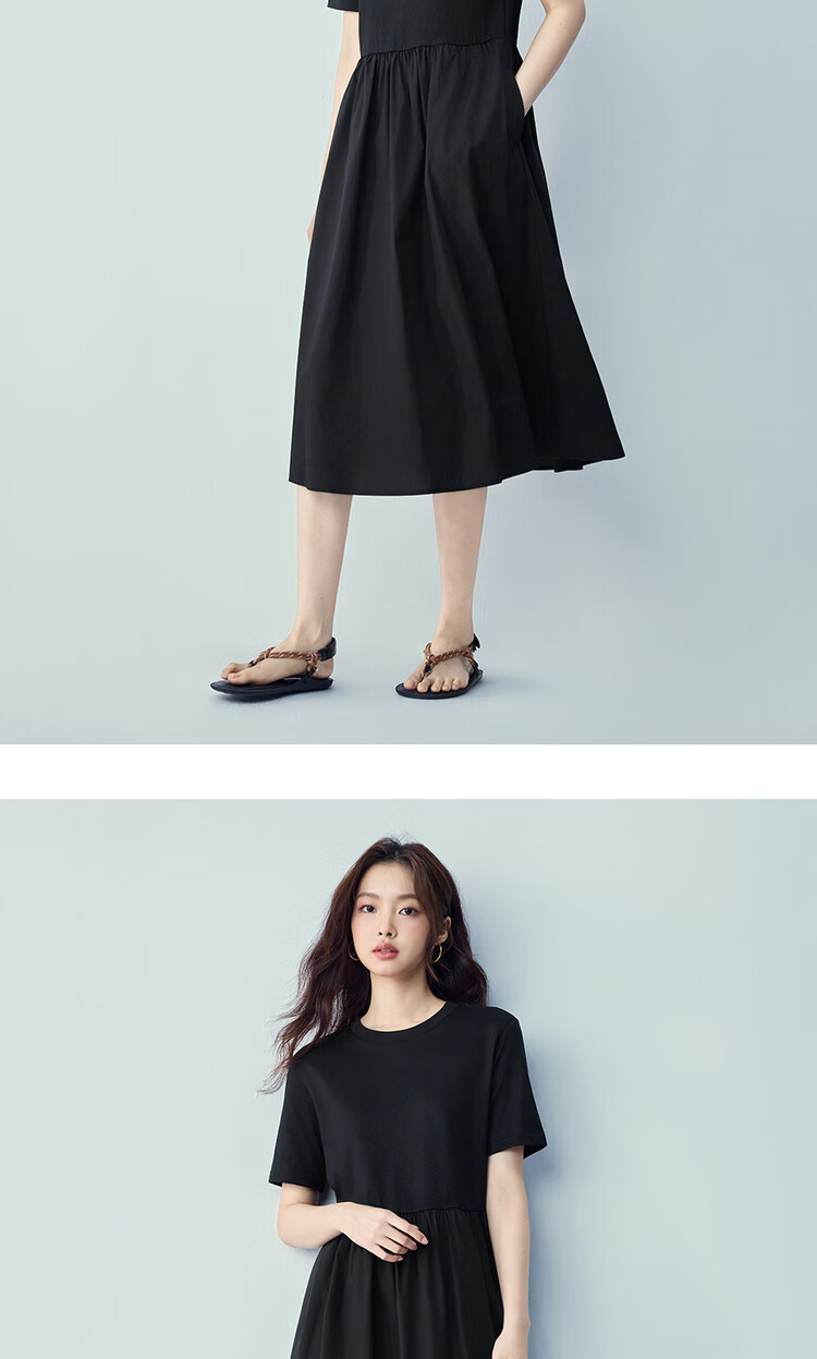 Giordano Women's Short Sleeve Dress Summer New Little Black Dress Spliced Hem Waist Cinched Round Neck Dress 13466297 12
