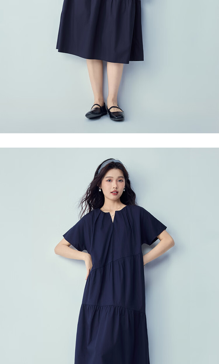 Giordano Women's Summer New Pure Cotton Pleated Ruffled Cake Dress V-Neck Short Sleeve Dress 05466077 18