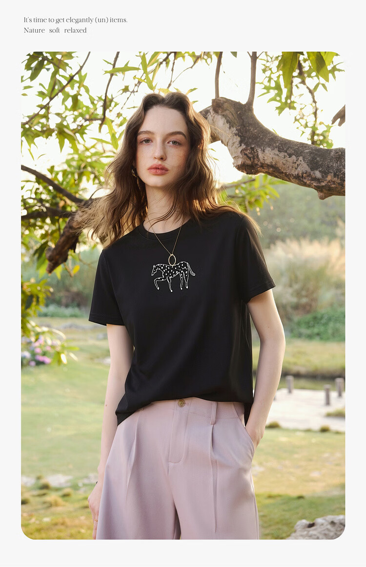 Olrain Summer New Pure Cotton Casual Loose Women's Printed Design Commuter Short Sleeve T-Shirt Black XL 8