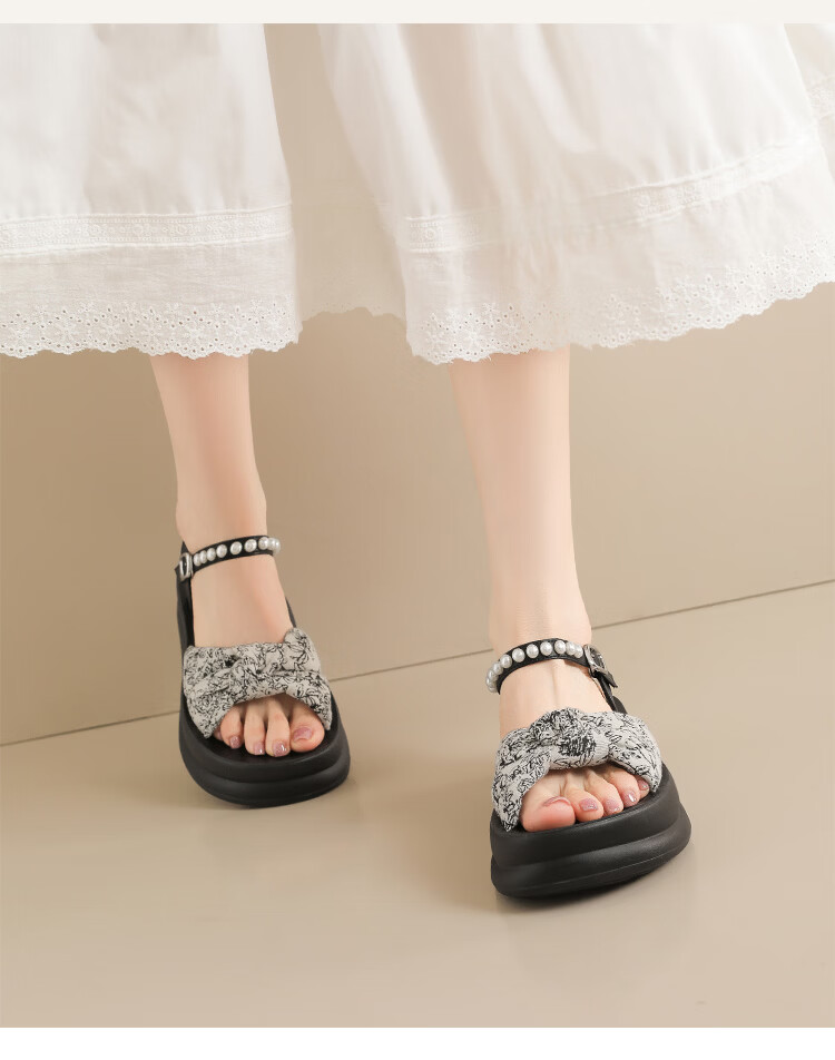 ZHR Women's Summer New Thick Sole Height Increasing Sandals with Bow Black 37 14