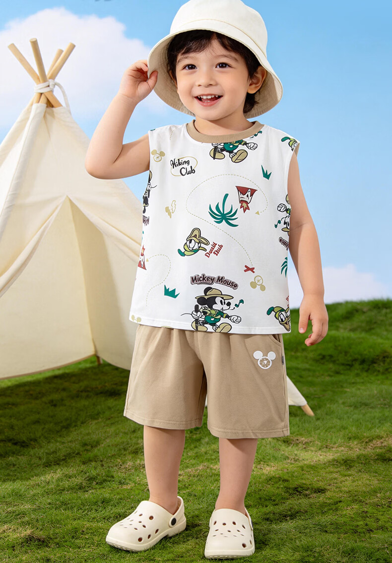 Disney Summer New Boys' Cooling Set Mickey Breathable Vest T-Shirt Casual Shorts Sports Two-Piece Set Khaki 130 2