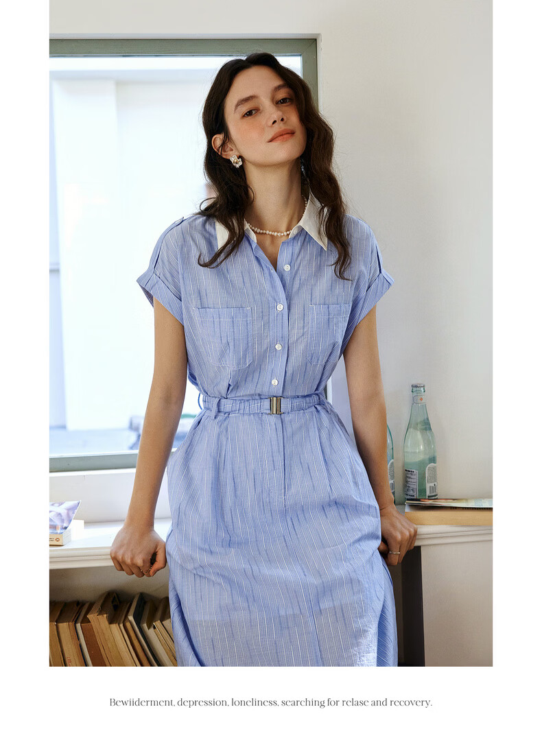 Olrain European Style Summer French Commuter Striped Shirt Dress Waist Slimming Elegant Short Sleeve Dress Blue S 14
