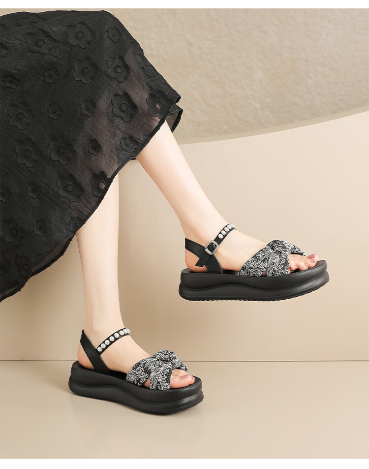 ZHR Women's Summer New Thick Sole Height Increasing Sandals with Bow Black 37 19