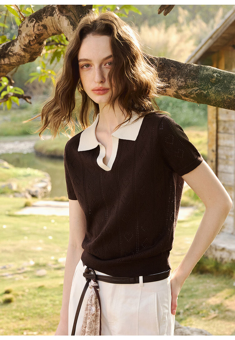 Olrain Colorblock Polo Collar Knit Pullover Women's Summer New Simple Commuter Top Brown M 22