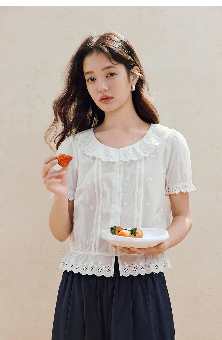 INMAN INMAN [Runway Style] Puff Sleeve Lace Peter Pan Collar Blouse, Summer 2026, Pure Cotton Short Sleeve, White, Size L 25