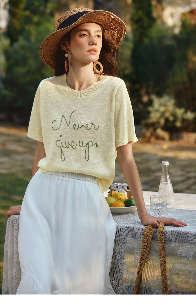 Olrain Eurielle Summer New Women's Lazy Bamboo Slub Yarn Knit Loose Versatile Thin Pullover Light Yellow M 15