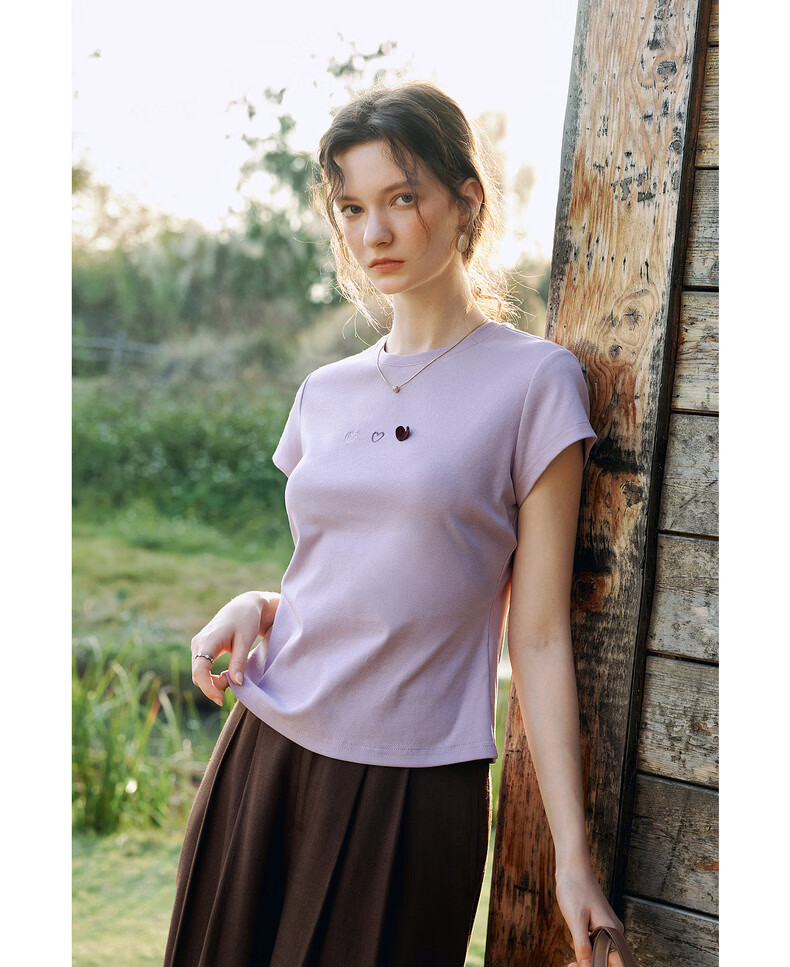 Olrain Oureier Summer New Women's Round Neck Heart Embroidery Casual Pullover Short Sleeve T-Shirt Top Purple M 18