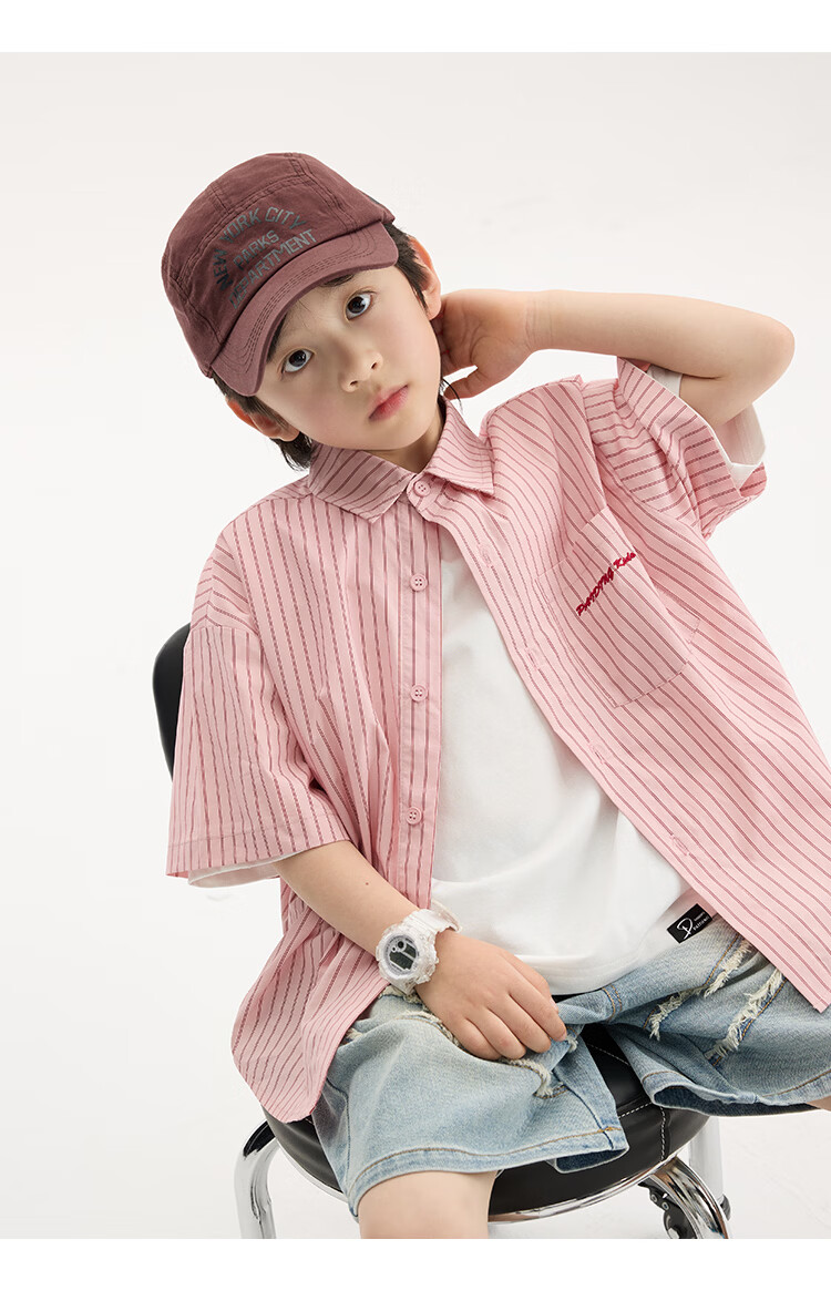 Paitown Boys' Shirt 2026 Summer New Children's Striped Loose Short Sleeve Shirt for Big Kids Trendy 16