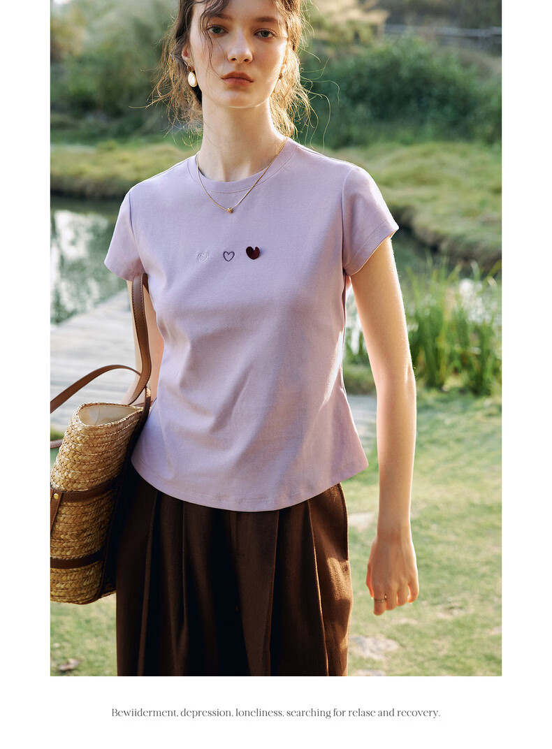 Olrain Oureier Summer New Women's Round Neck Heart Embroidery Casual Pullover Short Sleeve T-Shirt Top Purple M 19