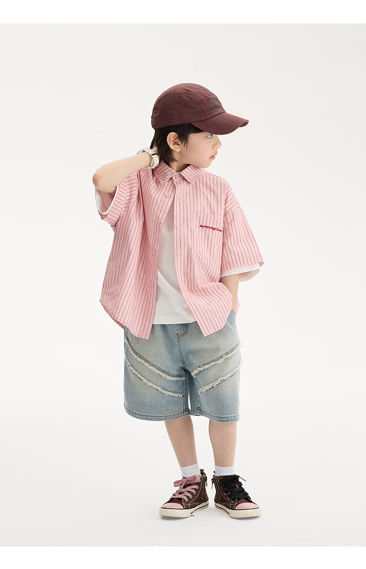 Paitown Boys' Shirt 2026 Summer New Children's Striped Loose Short Sleeve Shirt for Big Kids Trendy 19
