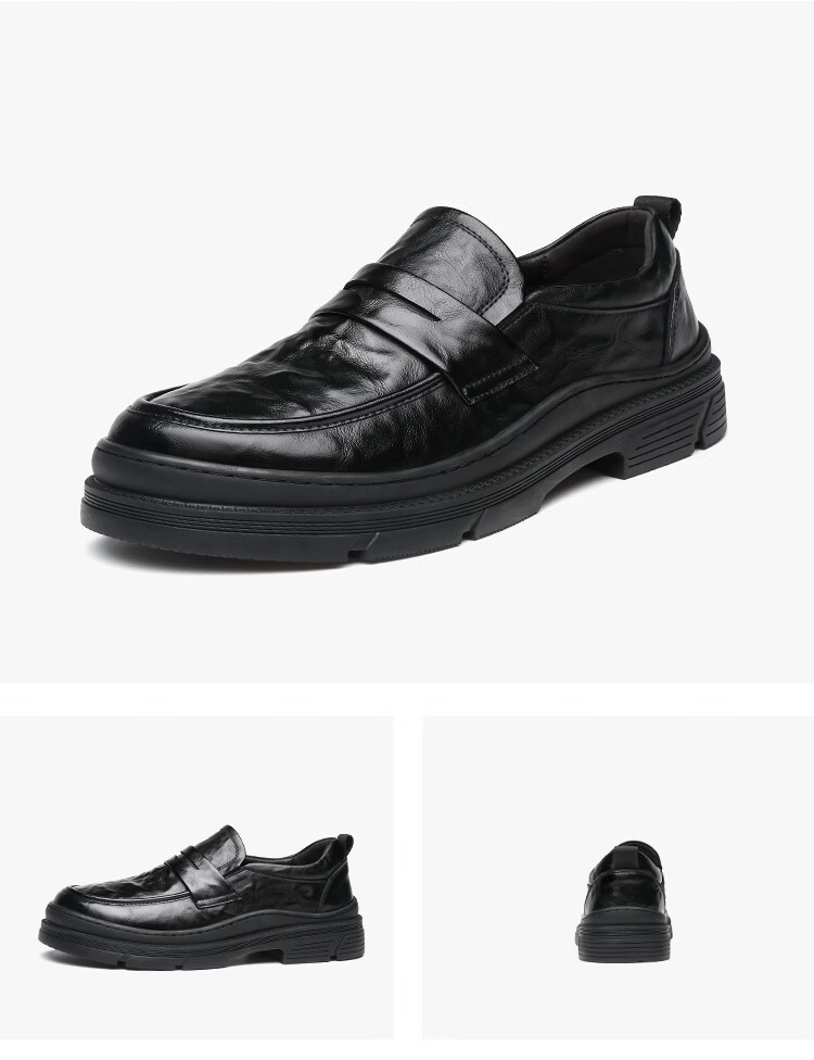 CARTELO Men's Slip-On Casual Leather Shoes with Thick Soles, Hand-Scratched Texture, Wrinkle-Resistant Design, Men's Loafers, Style 9867, Black, Size 44 22