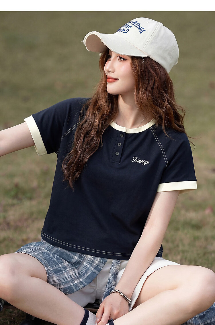 TonLion 2026 Summer Women's Colorblock Mid-Length Short Sleeve T-Shirt Navy Blue L 5