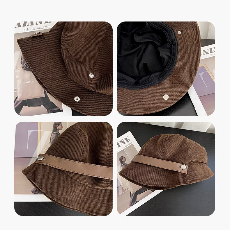 Corduroy Fisherman Hat with Belt Deepening Face Slimming Maillard Color Autumn Winter New Windproof Coffee One Size 8