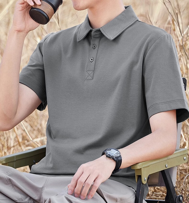 ROMON Men's Liquid Ammonia Mercerized Cotton Polo Shirt Short Sleeve Summer High-End Business Casual T-Shirt Khaki 2XL 1