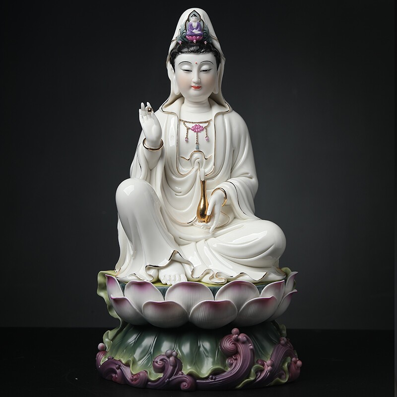 坐古莲合掌观音佛像陶瓷水莲迎福观音摆件坐式观音像家用供奉佛堂居家