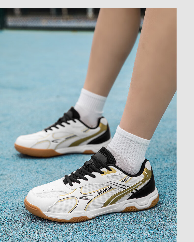 DEERWAY Badminton Shoes for Men And Women, Shock-Absorbing Comfortable Wear-Resistant Stable Support Competition Training Sports Shoes White Black Gold Size 35 18