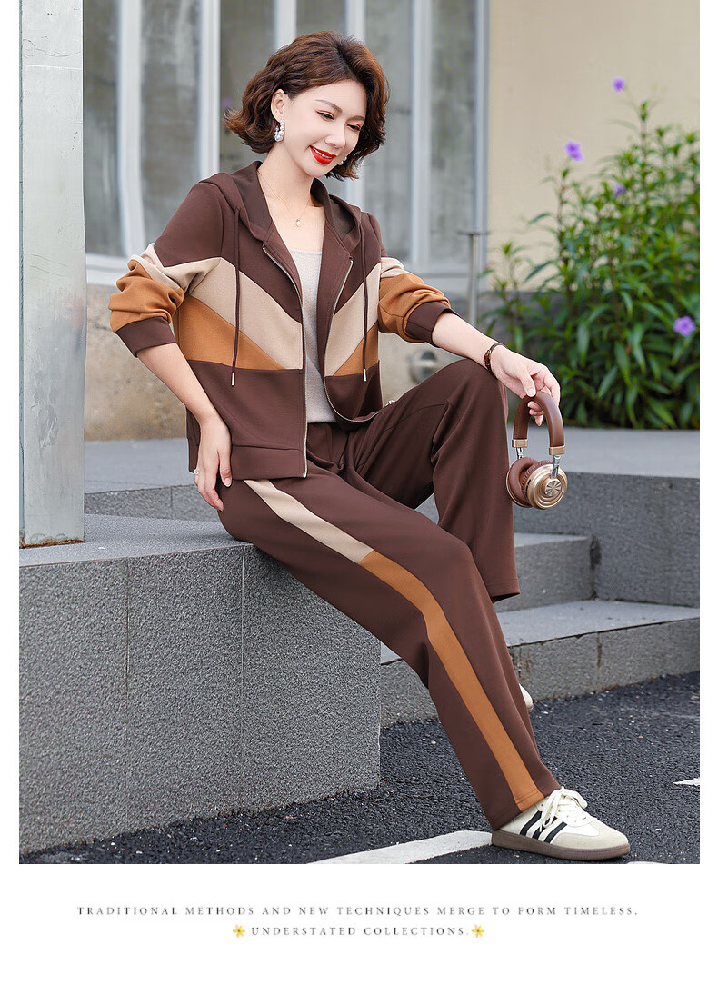 Hengyuanxiang Middle-aged Mom Spring Fashion Sports Suit Middle-aged and Elderly Women's Spring and Autumn Hooded Jacket Casual Two-piece Set 10