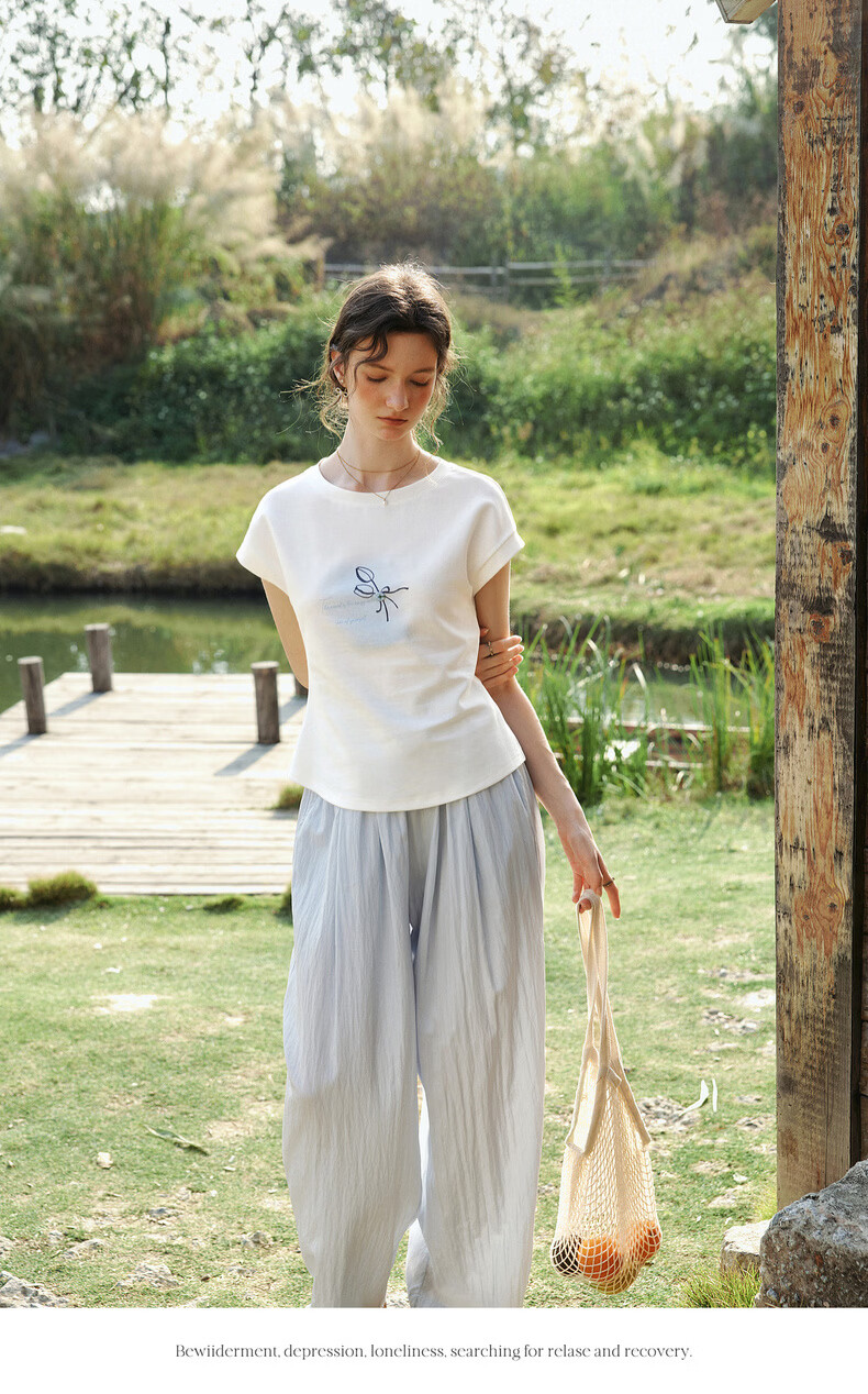 Olrain Eurier Printed Button Sleeve Top New Summer Women's White Casual Commuter Short Sleeve T-Shirt White M 14