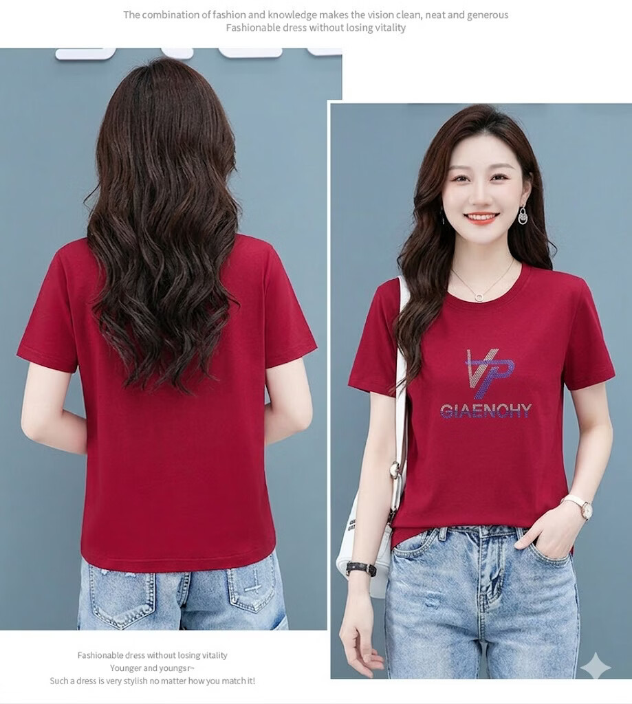 AEMAPE Women's Short Sleeve Summer 2026 New Mid-Age Thin Loose Fit Crew Neck T-Shirt 21
