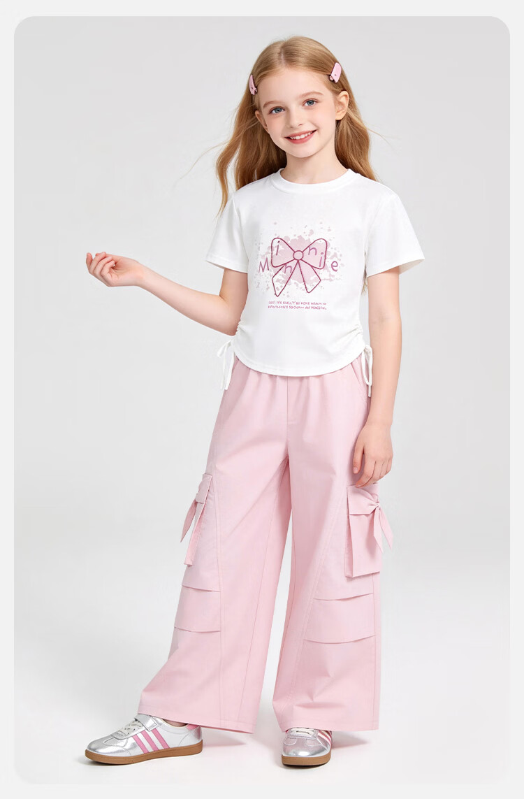 Disney Girls Bow Print T-Shirt and Drawstring Short Sleeve Cargo Wide-Leg Pants Two-Piece Set White Pink 150 13