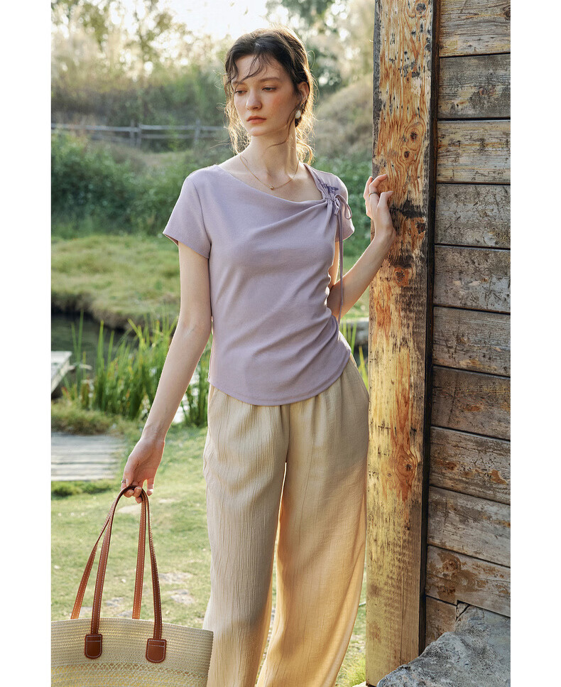 Olrain Eurielle Lyocell Cooling Summer Women's Short Sleeve T-Shirt with Printed Neckline Top Clothing Beige XL 17
