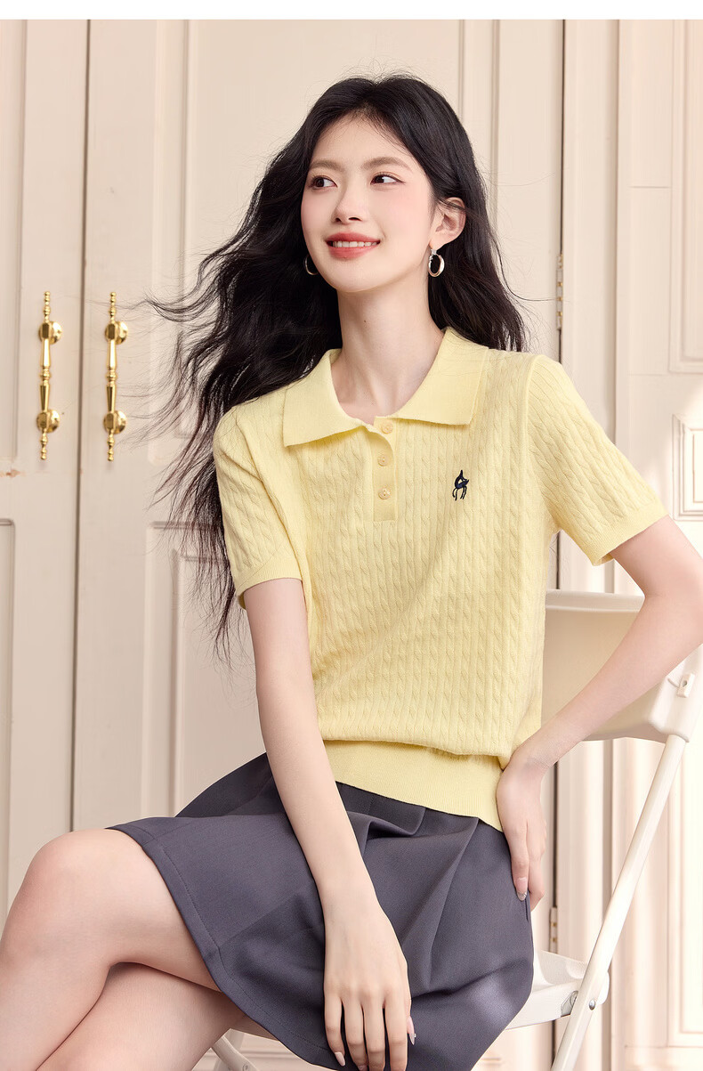 Sllsky College Style Polo Collar Cable Knit Short Sleeve Sweater Women Spring Summer New Wool Embroidered Top 14