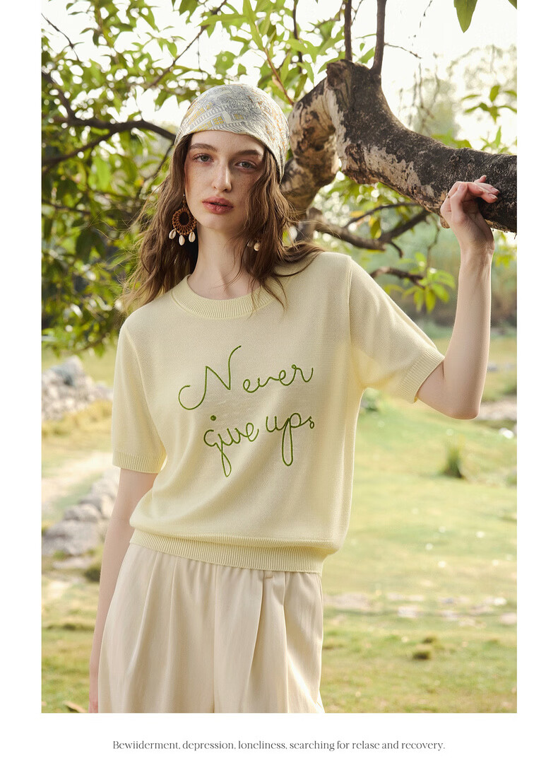 Olrain Eurielle Summer New Women's Lazy Bamboo Slub Yarn Knit Loose Versatile Thin Pullover Light Yellow M 11
