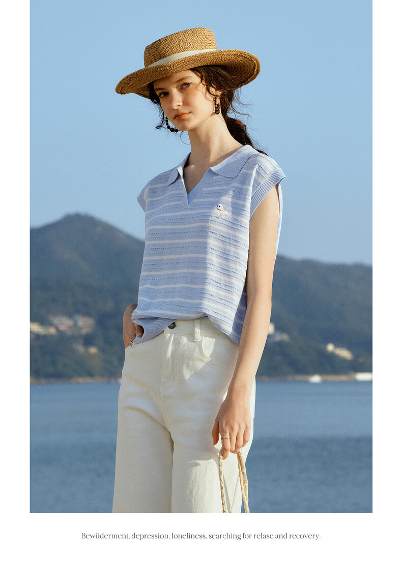 Olrain Summer New Polo Collar Color-Block Embroidered Lightweight Striped Pullover Knitwear for Women Blue Stripes L 6