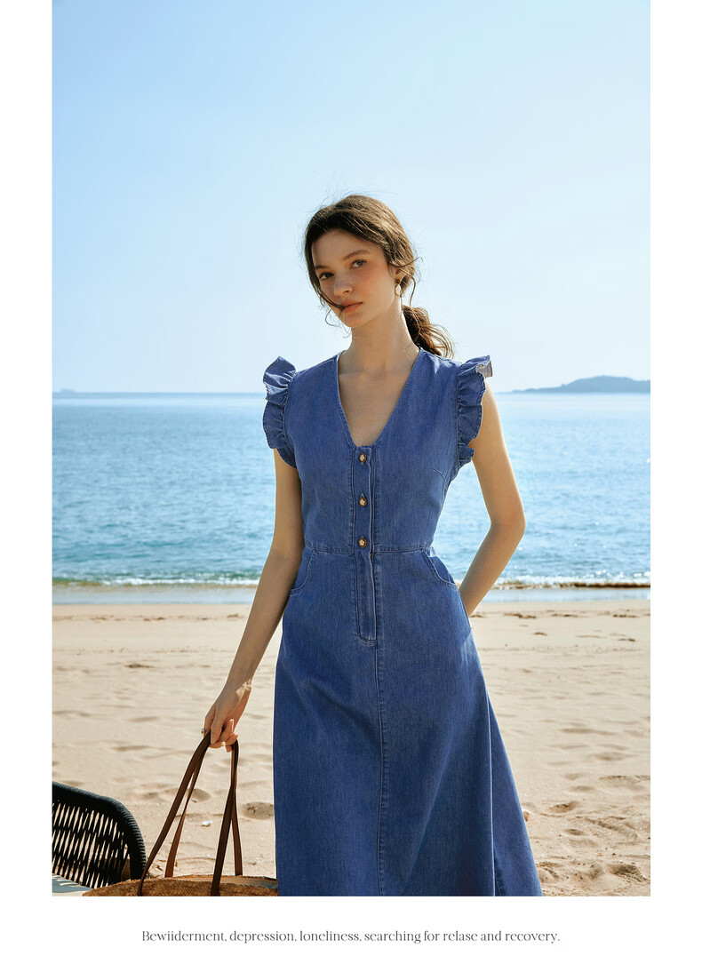 Olrain Eurielle Summer New French Vintage Denim Waist-Slimming Versatile Casual Dress Denim Blue M 8