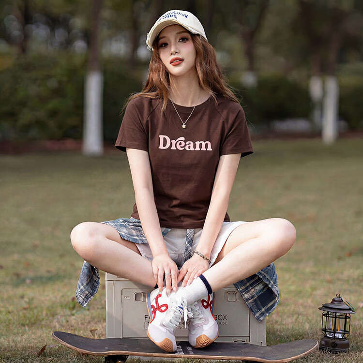 TonLion 2026 Summer Women's Text Print Short Sleeve T-Shirt Dark Coffee Brown L 2
