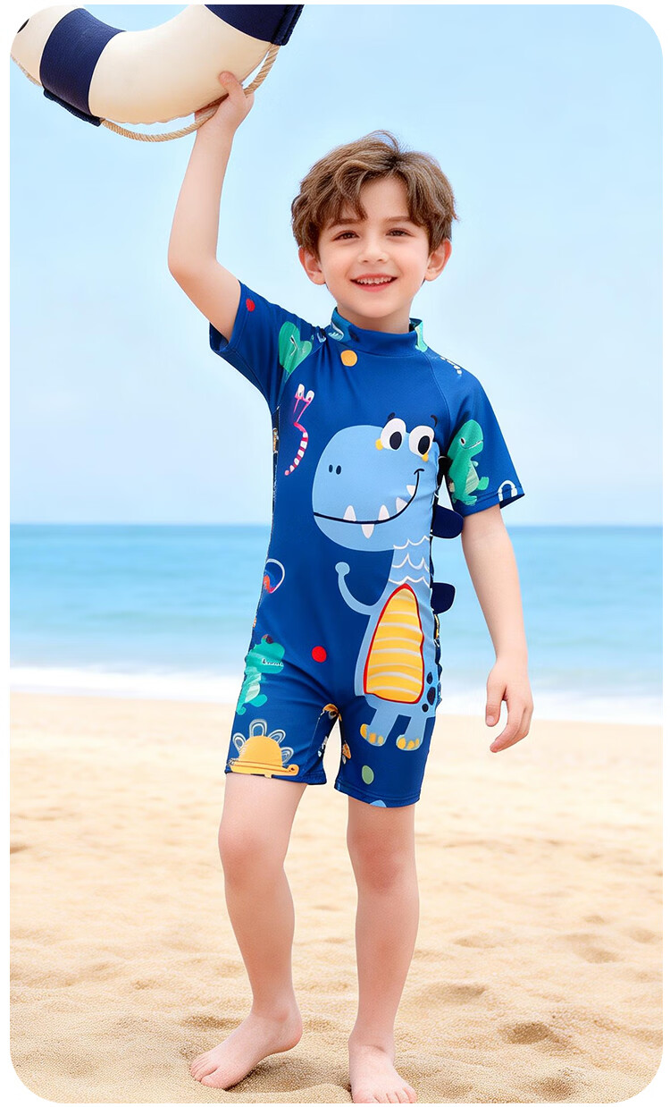 9i9 Kids Boys One-Piece Hooded Sunscreen Quick-Dry Dinosaur Party Baby Hot Spring Swimsuit B100 Blue XL 8