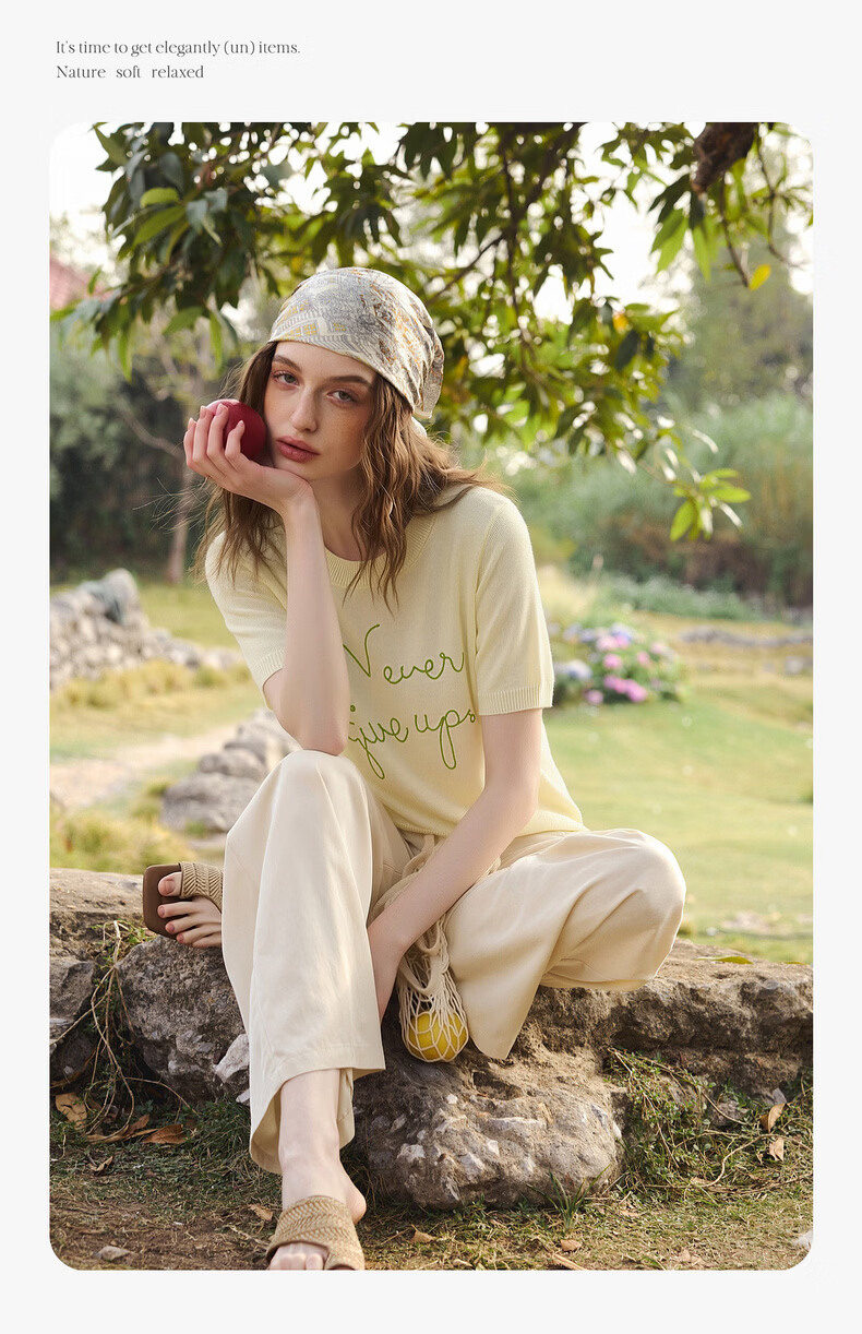 Olrain Eurielle Summer New Women's Lazy Bamboo Slub Yarn Knit Loose Versatile Thin Pullover Light Yellow M 7