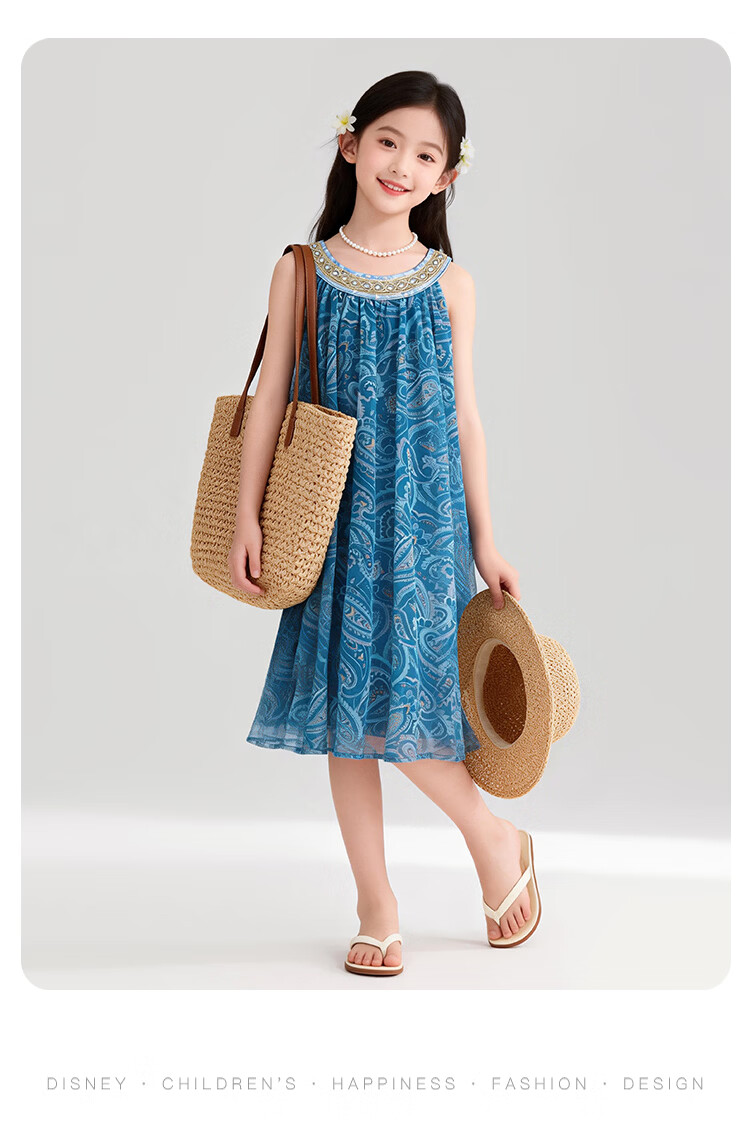Disney Girls Dress Children's Vacation Style Dress Girls 2026 Summer New Mesh Printed Princess Dress Size 120 16