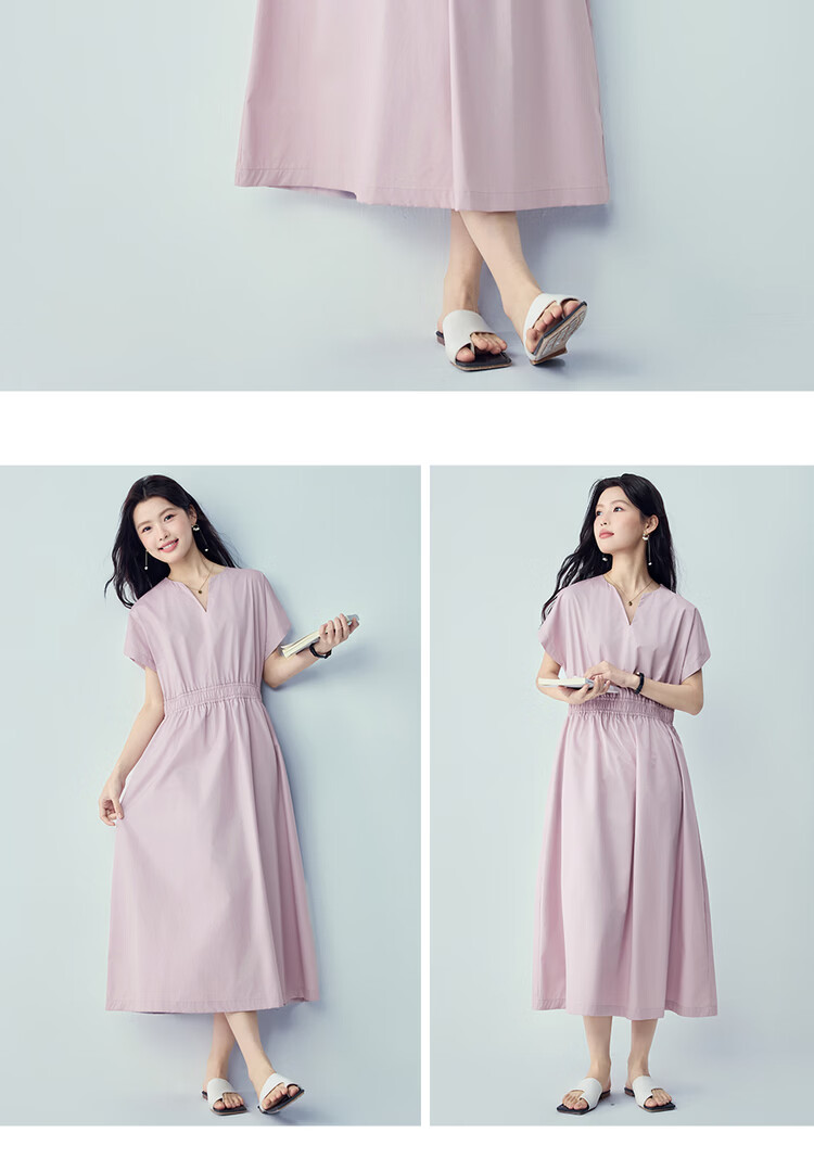 Giordano Minimalist Style Women's Summer New Pure Cotton Elastic Waist V-Neck Short Sleeve Dress 05466343 17