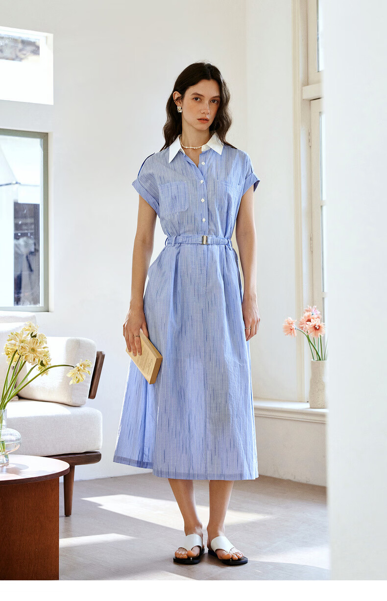 Olrain European Style Summer French Commuter Striped Shirt Dress Waist Slimming Elegant Short Sleeve Dress Blue S 15