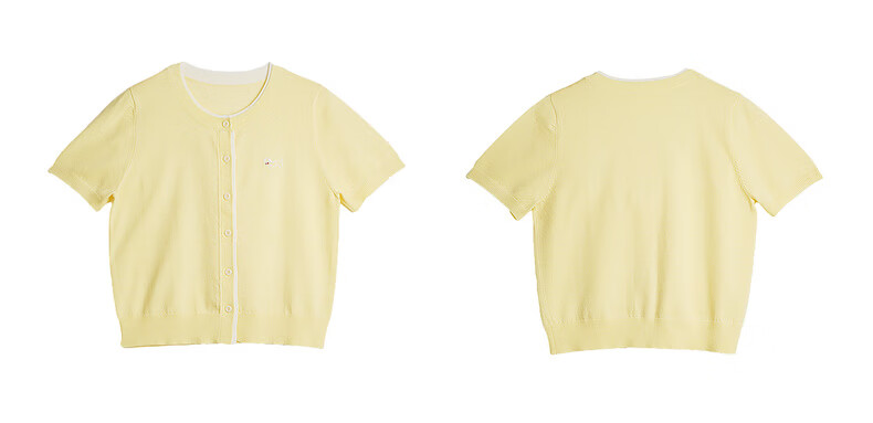 Olrain Eurielle Commuter Simple Ice Silk Fake Two-Piece Knit Cardigan Women Summer Short Sleeve Top Yellow M 8
