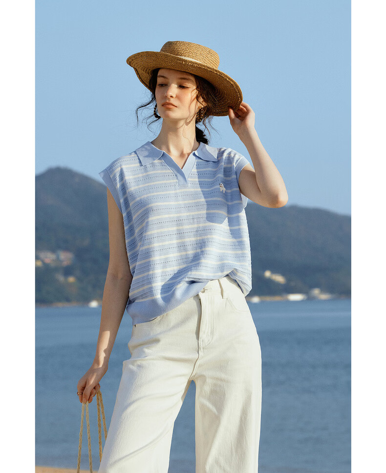 Olrain Summer New Polo Collar Color-Block Embroidered Lightweight Striped Pullover Knitwear for Women Blue Stripes L 8