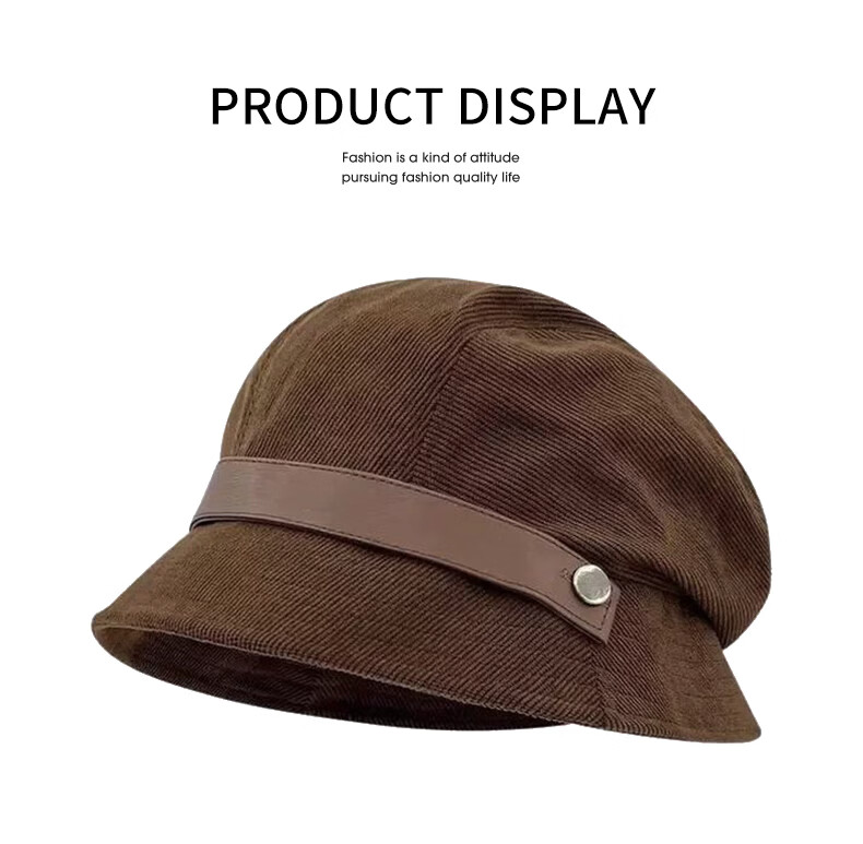 Corduroy Fisherman Hat with Belt Deepening Face Slimming Maillard Color Autumn Winter New Windproof Coffee One Size 12