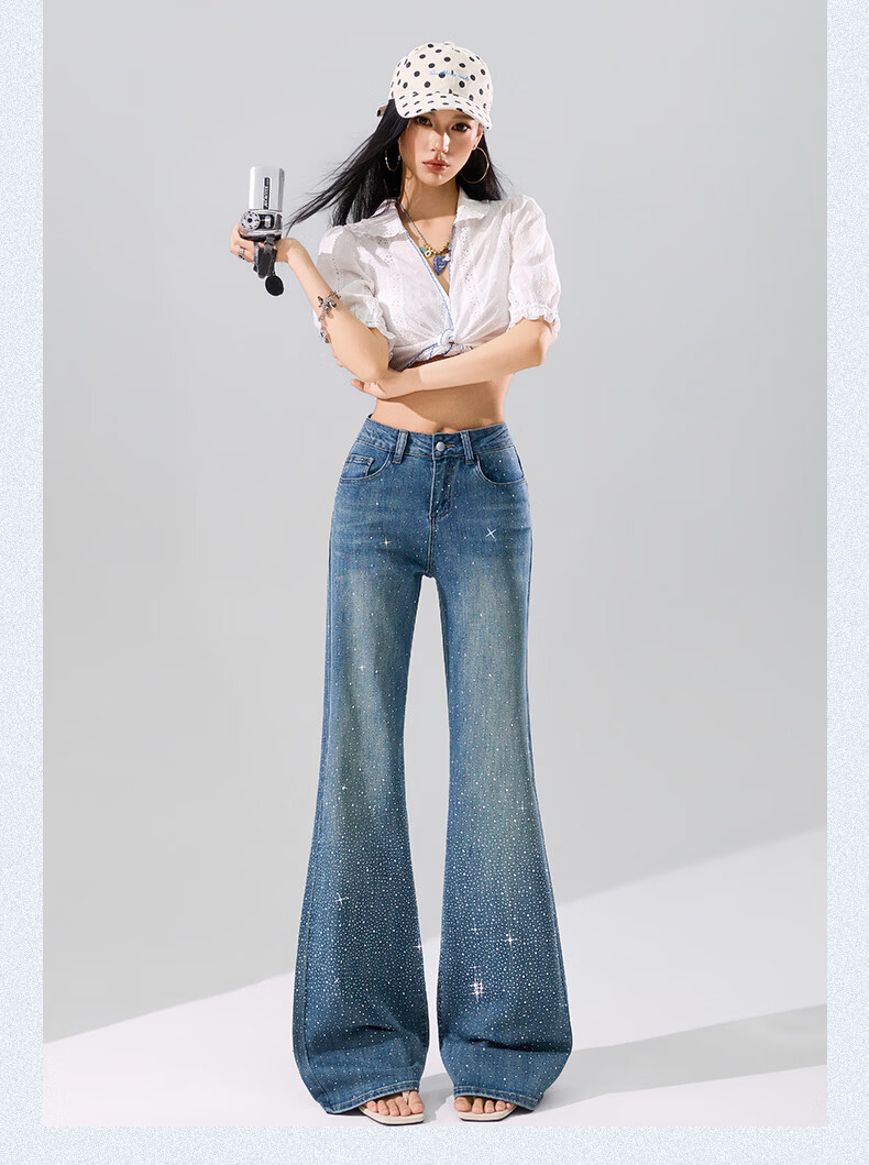 Langsha Starry Sky Rhinestone Denim Jeans Women Spring Summer High Waist Wide Leg Slim Flare Design Loose Casual Pants Female 16