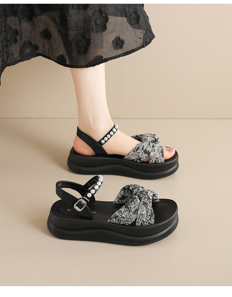 ZHR Women's Summer New Thick Sole Height Increasing Sandals with Bow Black 37 20
